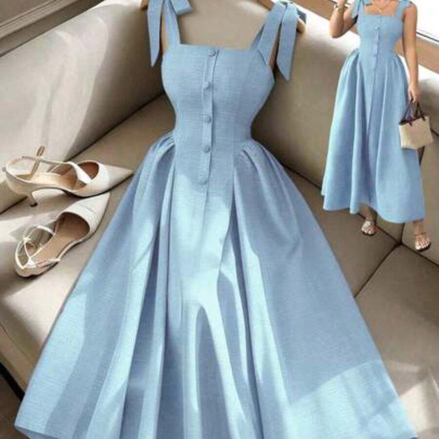 YijiaNvz Nuevo vestido midi tejido bicolor con textura y tirantes anudados, elegante y versátil para uso en la oficina - Celeste - Ver 1