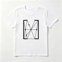Geometric Shape White Cotton T-Shirt With Line Design - 白色 - 查看 1