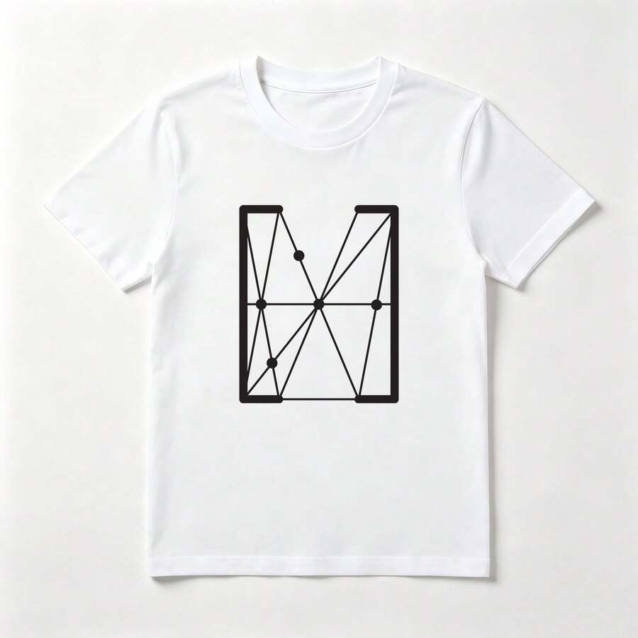 Geometric Shape White Cotton T-Shirt With Line Design - 白色 - 查看 1