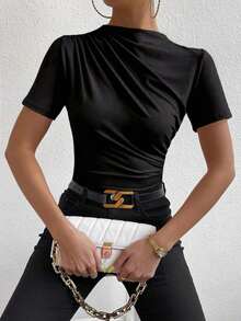 Camiseta con cuello de tortuga fruncida - Negro 3 - Ver 1
