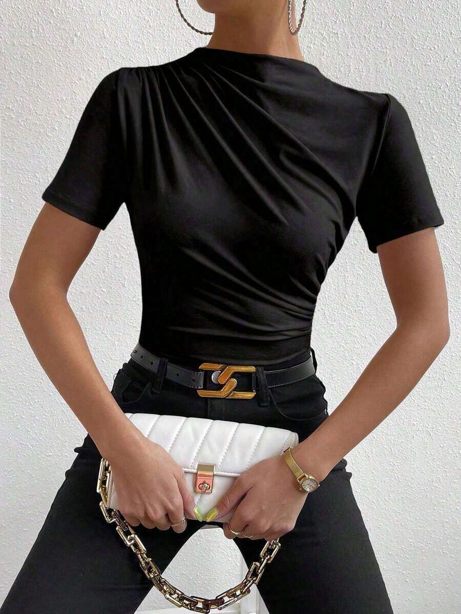 Camiseta con cuello de tortuga fruncida - Negro 3 - Ver 1