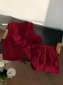 Conjunto casual de 2 piezas de top corto sin mangas con cordones delanteros y shorts para mujer en beige - Burdeos - Ver 4