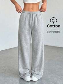 Pantalones de chándal de mujer de punto de unicolor, cómodos y casuales con pierna ancha - Gris Claro - Ver 7