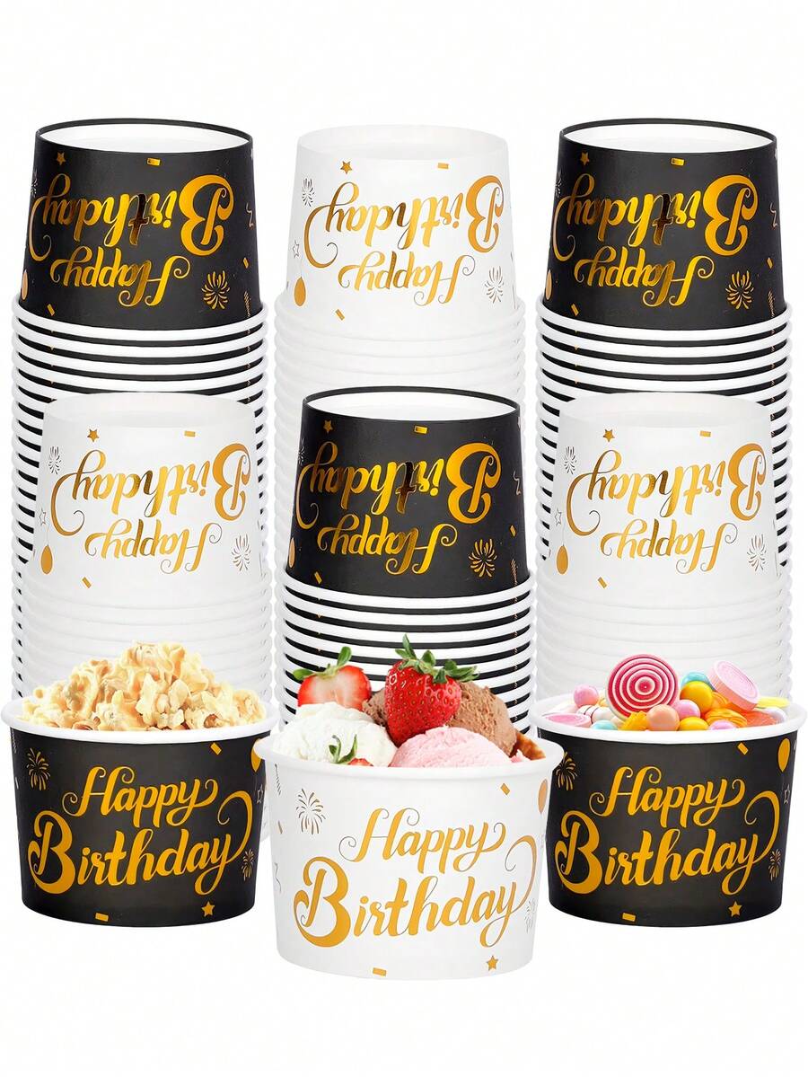 10pcs/20pcs/40pcs White Black Birthday Paper Bowls, Black And Gold/White And Gold Happy Birthday Print Snack Cups, Gold Foil Dessert Ice Cream Cups For Birthday Party,Baby-Shower,Festival,Events Men Women - Multicolor - View 1