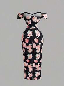 MOD Vestido ajustado con hombros descubiertos, fruncido y estampado floral para mujer - Negro - Ver 6