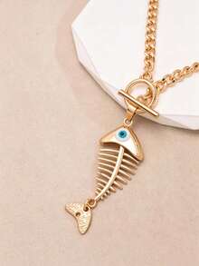 1PC Fishbone Pendant Toggle Choker Necklace, Bold Cuban Chain Statement Necklace - 1PC - View 6