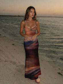 Vestido ajustado de tirantes con estampado de teñido anudado en marrón, adecuado para vacaciones en la playa, atuendo de verano, fiestas de verano y uso nocturno - Marrón 2 - Ver 11