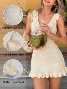 Women's Sleeveless Knitted Camisole Dress With Ruffle Hem, Midi Length, Suitable For Summer Beach Wear - Light Yellow - View 4