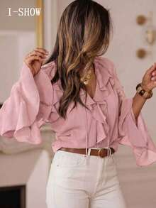 Women's V-Neck Ruffle Chiffon Blouse, Elegant Semi-Sheer Bell Sleeve Top, Romantic Bohemian Style Shirt, Suitable For Office, Vacation, Party, Casual And Daily Fashion Wear - Baby Pink - View 4