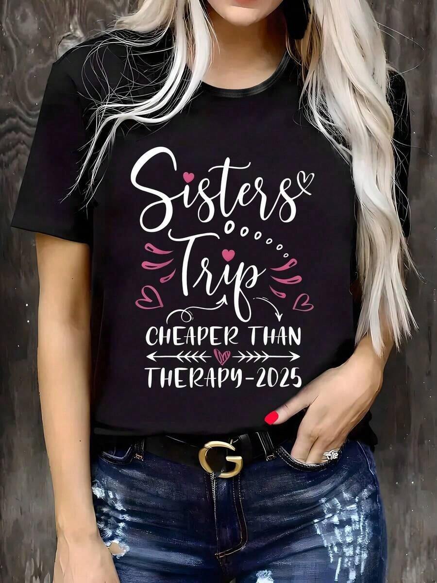 100% algodón puro 1 pieza de camiseta casual de poliéster para mujer con patrón geométrico - Top de manga corta con cuello redondo y ligeramente elástico para primavera/verano - Sudadera con estampado gráfico para viajes en familia. - Negro - Ver 1