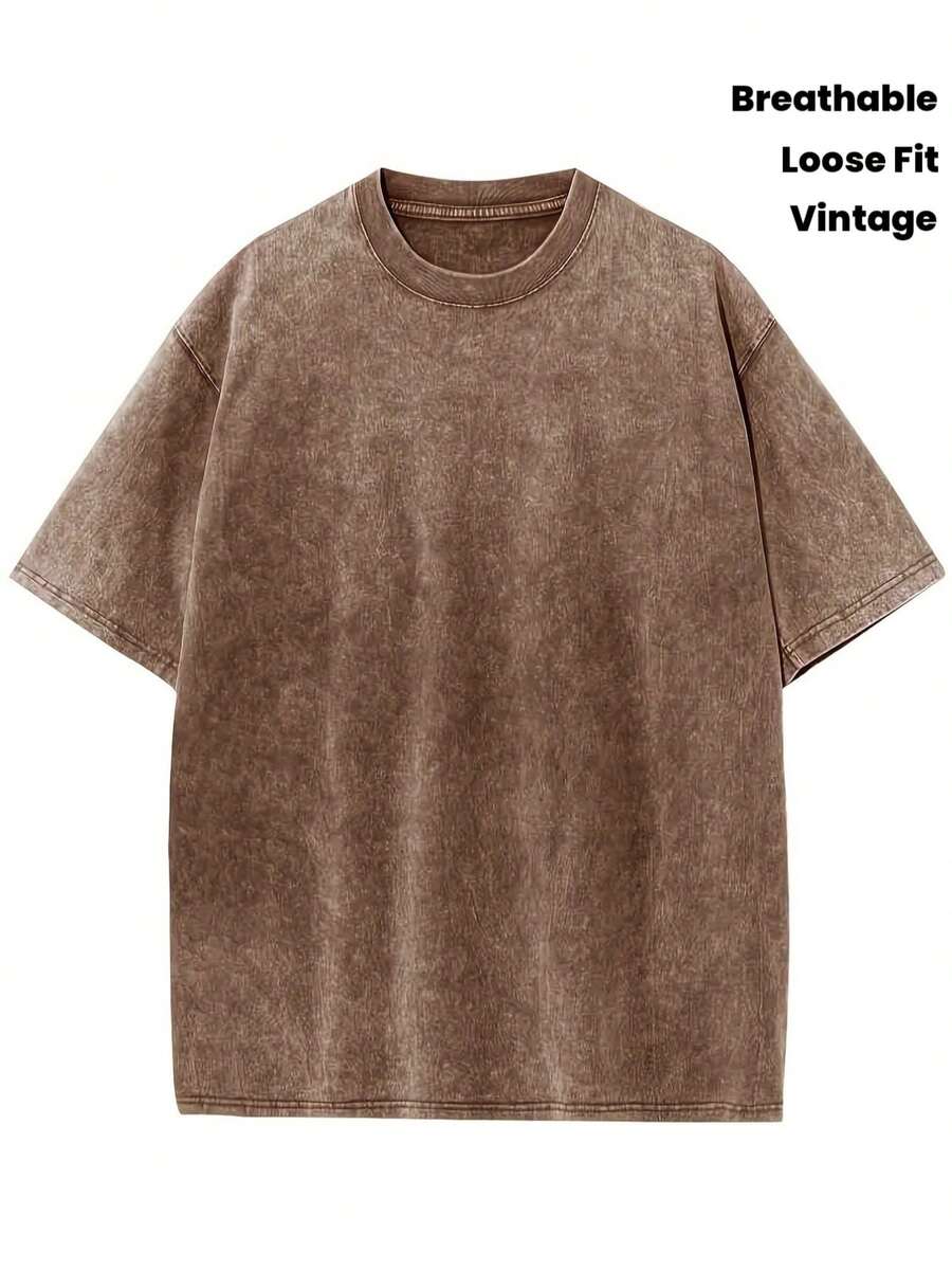 Men's Vintage Washed Brown Oversized Loose Fit Graphic T-Shirt - Retro Short Sleeve Round Neck Casual Summer Streetwear Beach Vacation Comfortable Breathable Tee - Size - 查看 1