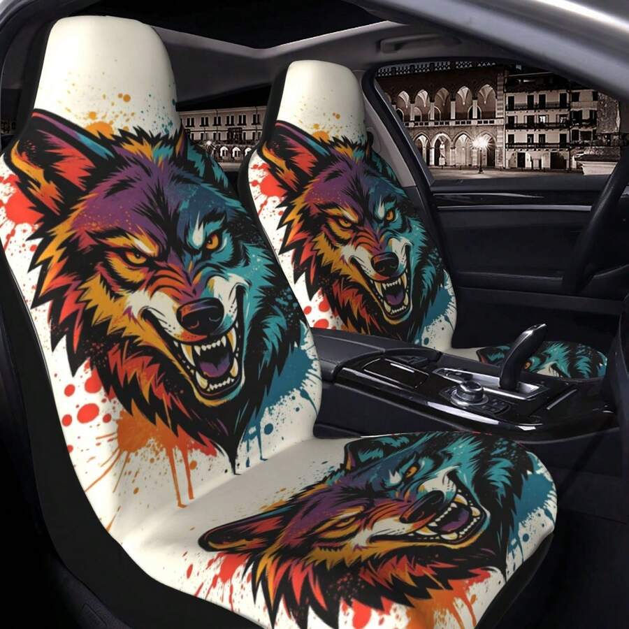 1pc Creative Colorful Wolf Head Print Car Seat Cover, Breathable Mesh Fabric, Soft & Comfortable, Suitable For Summer, Decorative Car Interior Accessory, Unisex Car Seat Cover, Fit For Sedan, SUV And Van - Multicolor - View 1