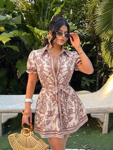 Vestido corto de tipo A de manga corta con un solo pecho y lazo delantero de estilo bohemio, vestidos cortos de verano para mujeres, atuendos de vacaciones en la isla, vestidos de verano, atuendos de vacaciones para mujeres, ropa de mujer bohemia, atuendos de crucero para mujeres, atuendos de Hawái para mujeres, vestido tropical, vestido camisero, atuendos de Ibiza - Multicolor 4 - Ver 3