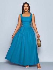 xheSOLERSUN Vestido elegante de mujer con cuello cuadrado, corte en la cintura, espalda con lazo y pliegues, estilo línea A, para Hawái, vestidos de verano para mujer, vestido para té, vestido largo blanco para graduaciónxhe - Agua verde azul - Ver 5