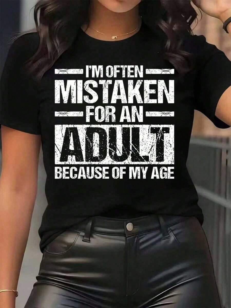 Women's T-Shirt With "I'm Often Mistaken For An Adult Because Of My Age" Print, Round Neck, Casual Daily Wear, Soft And Comfortable, Vacation Top - 黑色 - 查看 1