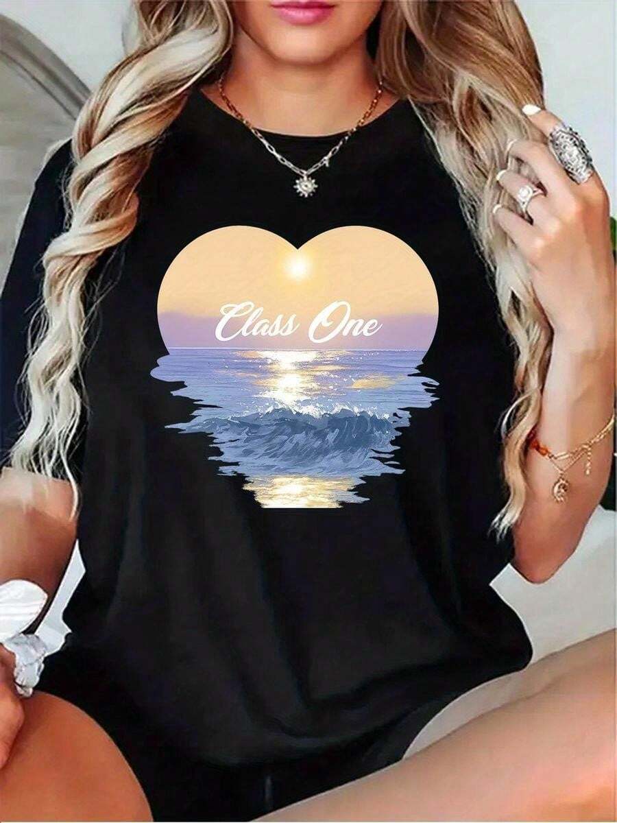 1 pieza de playera para hombre y mujer, 100% algodón puro, cuello redondo casual con estampado, manga corta transpirable para uso diario, dise?o de Class One con motivos de océano al atardecer y texto - Negro - Ver 1