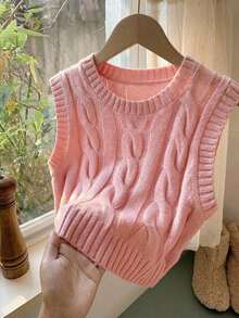 Chaleco de mujer de punto con patrón de cable, cuello redondo, para otoño/invierno - Rosa Pálido - Ver 5