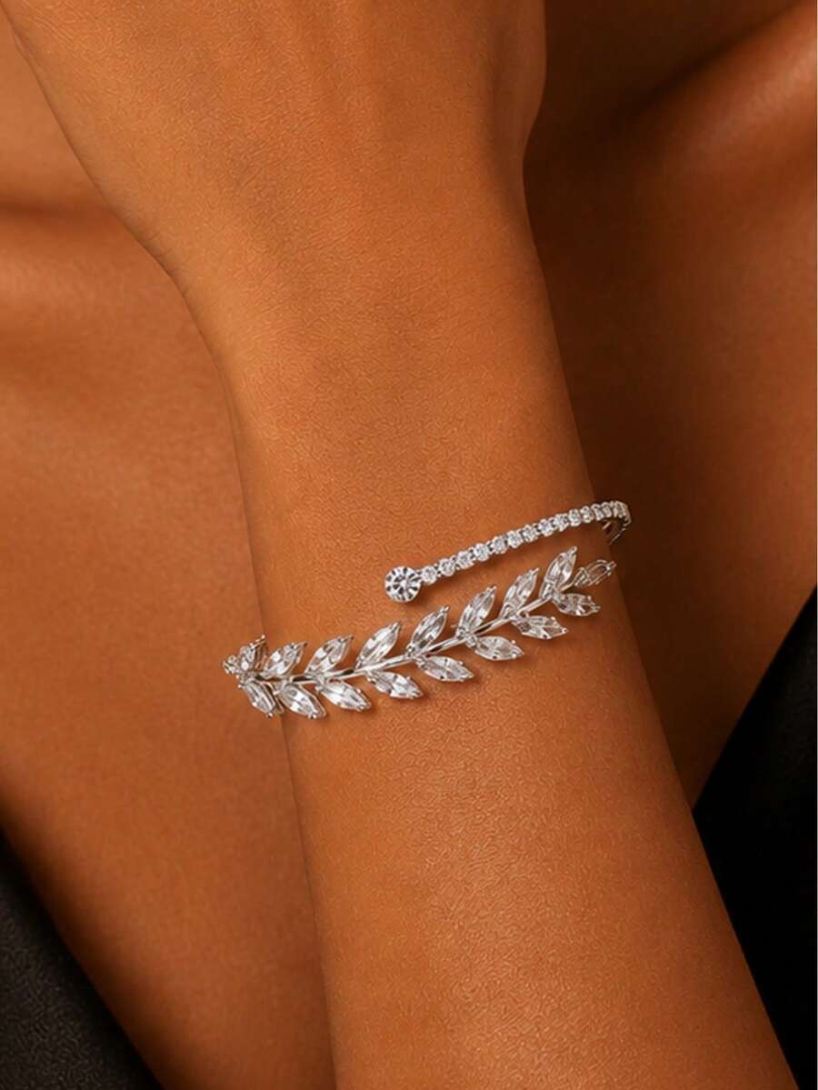 1 chiếc vòng tay thiết kế lá tối giản sang trọng đính đá Zirconia, phụ kiện cưới thời trang và thanh lịch dành cho cô dâu. - Bạc - Xem 1