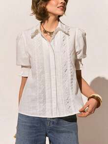 Blusa de algodón con adorno de encaje blanco, blusa casual de verano, blusa para salir, elegante para vacaciones, playa, verano, adecuada para uso diario, oficina y vacaciones, blusa de algodón de manga corta para primavera/verano - Blanco - Ver 6