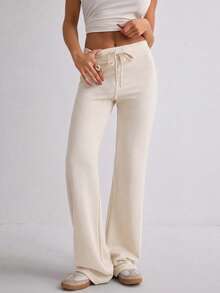 Women's Casual Commuting Minimalist Solid Color Elastic Waist Flare Pants - White - View 2