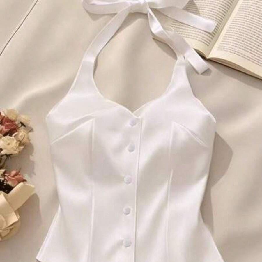 MewMuse. Top corto de tirantes finos de satén blanco / Camiseta ajustada de un solo pecho sexy - Blanco - Ver 1