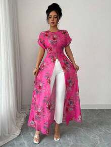 Camisa larga con cuello redondo, manga corta, estampado floral y bajo con abertura para vacaciones para mujer - Multicolor 3 - Ver 6