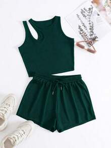 con abertura Top tank & de cintura con cordón Shorts deportivos - Verde Oscuro - Ver 7