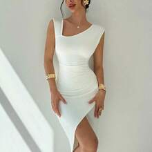 YijiaNvz  Vestidos midi para mujer, modestos, ropa de mujer para otoño, casual de negocios, estilo old money, atuendos de campo, blusas para salir, atuendo de viaje para el aeropuerto, de vuelta a la escuela, vestidos blancos, vestido asimétrico de unicolor con cuello plisado sin mangas y cintura esbelta de longitud media, vestido maxi blanco, atuendo de invitada de boda, cita de San Valentín, vacaciones, uso diario - Blanco - Ver 5