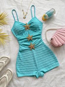 Mono de mujer con decoración de estrella de mar hueca, adecuado para fiesta y uso en casa - Agua verde azul - Ver 7