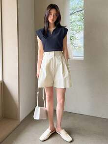 Suéter holgado de punto de unicolor con cuello, estilo casual y de negociospara mujer - Azul marino - Ver 4