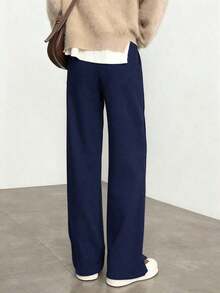 YI XUAN Pantalones anchos con forro térmico para mujer, pantalones rectos casuales térmicos de plátano cálidos para invierno - Azul marino - Ver 4