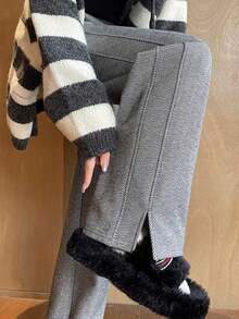 YI XUAN Pantalones anchos con forro térmico para mujer, pantalones rectos casuales térmicos de plátano cálidos para invierno - Gris - Ver 7