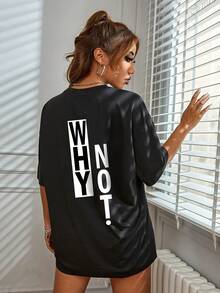 Camiseta de manga corta con cuello redondo y corte holgado para mujer - Blusa casual de silueta recta, atuendo informal para primavera y verano, top holgado con estampado de letras lavable a máquina (No) - En stock para conjuntos casuales y para usar en capas. - Negro - Ver 7