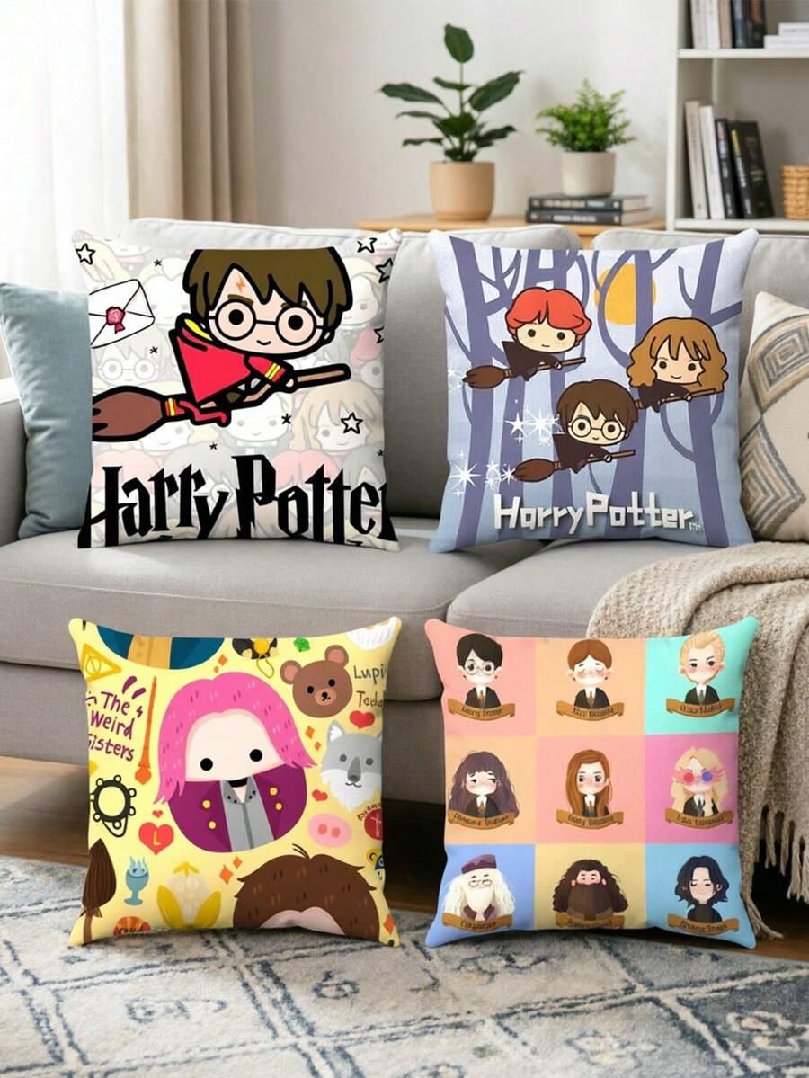 Harry Potter 哈利波特魔法世界沙发靠垫套,4 件套 Q 版人物装饰枕套,家居装饰,这套 4 个哈利波特主题抱枕套,每个都采用独特的可爱 Q 版设计,灵感源自魔法世界,可将您的生活空间变成一个舒适的休憩之所。 - pillowslip - 查看 1