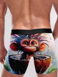 1 buah Celana Dalam Boxer Pria Motif Monyet & Kelapa Lucu, Gaya Kartun Tropis, Hadiah Ulang Tahun, Hadiah Hari Valentine, Hadiah untuk Suami, Hadiah untuknya - Hitam - View 3