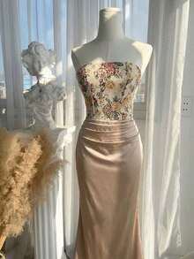 MOD Women's Floral Patchwork Jacquard Pleated Mermaid Hem Elegant Strapless Midi Dress. Floral Jacquard Satin Maxi Dress, Strapless, Beige Brown, Vintage Banquet Gown, Elegant Evening Dress, Wedding Guest Dress, Floral Embroidered Bodice, Formal Party, Anniversary, Prom, Cocktail, Fitted Silhouette, Mermaid Style, Chic, Fashionable, Classy, Textured Fabric, Special Occasion, Bridesmaid Dress, Romantic, Statement Dress, Reception, Ceremony, Luxury, Glamorous, Modern, Floor Length, Garden Party, Spring - Nhiều màu - Xem 6