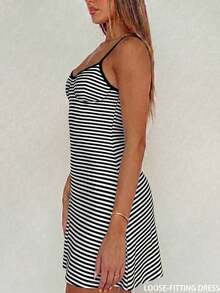 Vestido mini con tirantes finos y rayas, sexy y de moda, versátil para vacaciones, nueva llegada de primavera/verano - Blanco y Negro - Ver 6