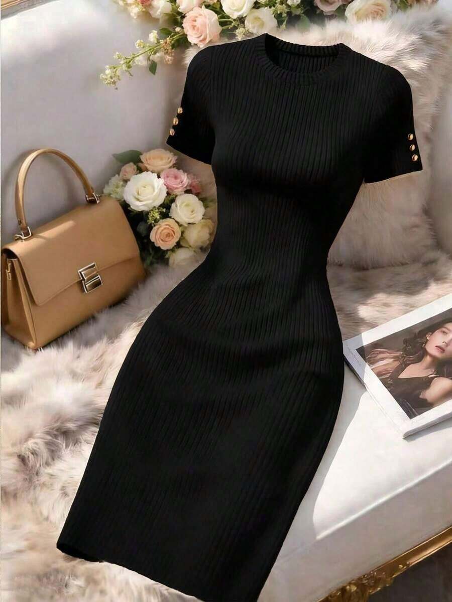 Vestido casual de mujer de manga corta con estampado minimalista - Negro - Ver 1