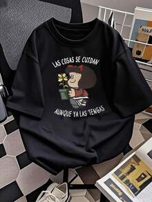Illustration Of A Girl With A Flower And The Motivational Phrase "THINGS ARE CARED FOR EVEN IF YOU ALREADY HAVE THEM" Which Conveys Tenderness And Care. Women's T-Shirt, 100% Cotton, Comfortable And Casual, Ideal For Everyday Use - 黑色 - 查看 2