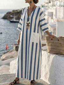 Vestido sin mangas con estampado digital de rayas azules y blancas para vacaciones, con bolsillo derecho, para uso casual diario, nuevo vestido acampanado con cuello en V, primavera/verano 2026 - Multicolor - Ver 6