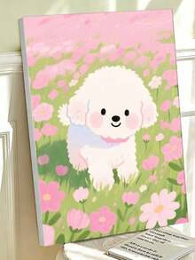 Lukisan Kanvas DIY Anak Anjing Putih Lucu Ukuran 16x20 Inci di Ladang Bunga Merah Muda, Kerajinan Tangan, Dekorasi Rumah, Hadiah Liburan - Set - View 4