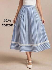 Falda de mujer con diseño de parche, bolsillo lateral y dobladillo de encaje hueco, versátil para oficina, formal, casual y romántica para el transporte urbano, nueva colección primavera/verano - Azul y blanco - Ver 5