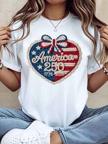 1 Piece Heart Design T-Shirt For Celebrating America's Independence Day 250, Patriotic 1776-2026, 4th Of July Festival Clothing For Women And Men, Summer Casual Outfit, 220g/180g 100% Cotton. - 白色 - 查看 7