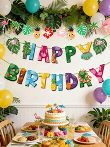 3 sets - Guirlande d'anniversaire de style hawaïen, bannière Joyeux Anniversaire avec flamant rose, feuille de palmier et éléments Aloha, style de fête d'été tropicale. Convient pour la décoration d'anniversaire à thème hawaïen, la célébration d'été à la plage et la décoration suspendue de fête intérieure/extérieure - A - Voir 8