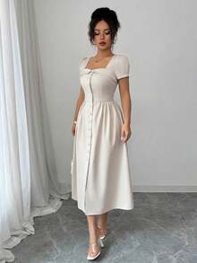 xheElenzga Vestido de manga larga de primavera/verano para mujer con cuello vuelto elegante trapezoidal, botones en la cintura, falda en línea A con pliegues y bajo con aberturaxhe - Albaricoque - Ver 7
