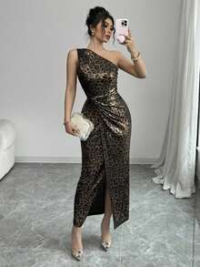 Vestido de mujer elegante con escote en V, cintura ceñida y frente retorcido sin mangas, de tela con estampado de leopardo, adecuado para ir al trabajo, uso casual, festivales, fiestas, primavera/verano - Multicolor - Ver 1