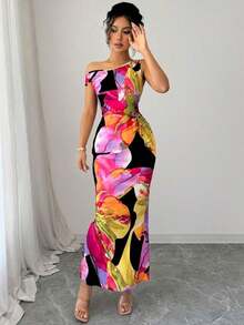 1 pieza Vestido ajustado con estampado floral y cintura ceñida en el hombro oblicuo - Multicolor - Ver 3