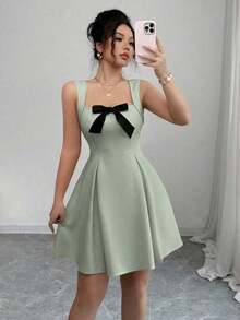 Nuevo vestido de verano elegante y romántico con contraste de color, lazo en la cintura y silueta ajustada de línea A, ideal para bodas y fiestas - verde menta - Ver 5