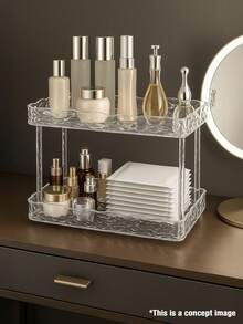 1pc Light Luxury Transparent Water Ripple Double Layer Storage Rack, Desktop Cosmetic Organizer, Bathroom Vanity Organizer, Large Capacity Skincare And Perfume Storage Tray - Clear - View 3