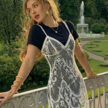 guangzhougaolangshangmao  MOD Vestido mini de verano de moda con cuello redondo y manga corta, con parches de encaje - Negro - Ver 1